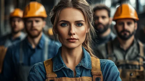 Woman and a group of men in construction gear