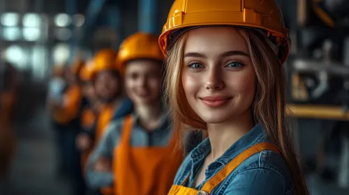 Молодая женщина с улыбкой в каске и оранжевом жилете на фоне других работников