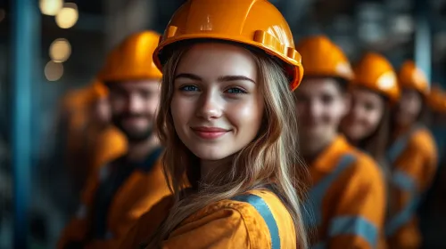 Группа строителей в оранжевых формах с касками на фоне