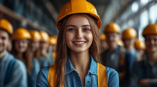 Молодая женщина и команда в защитных касках на строительной площадке