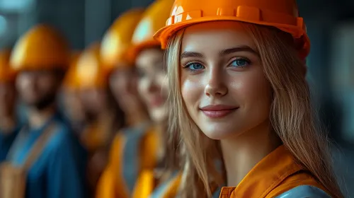 Молодая строителка в защитном шлеме с закрытой улыбкой и коллегами за ней