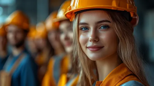 Улыбка молодой строительницы с каской на фоне работников