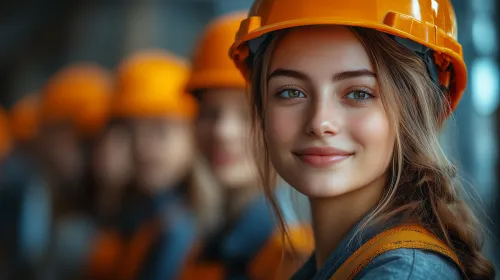 Улыбающаяся девушка в оранжевой каске среди других строителей