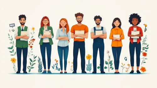 Siete personas en ropa de oficina con documentos y flores de fondo