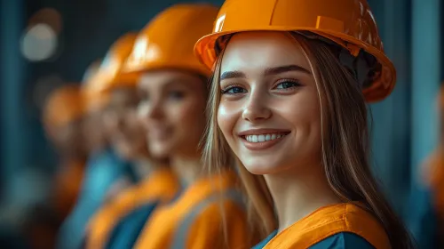 Молодая женщина в защитной каске улыбается среди строителей