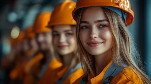 Женщины с длинными волосами в оранжевой рабочей форме и касках на фоне