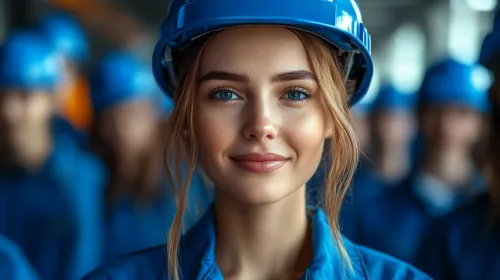 Улыбающаяся девушка в синем рабочем костюме и каске среди коллег