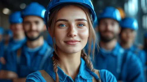 См smiling молодая женщина на фоне группы рабочих в касках