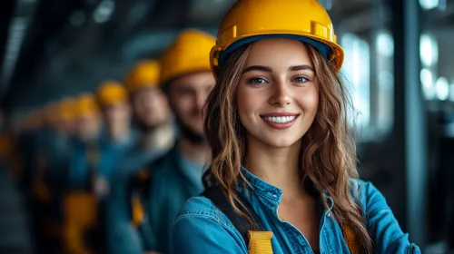 Молодая женщина и коллеги в защитных касках на строительном объекте