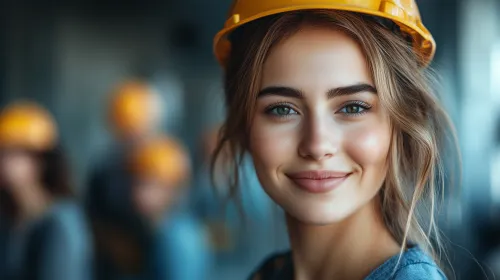 Улыбающаяся молодая женщина в строительной каске на рабочем месте с другими людьми