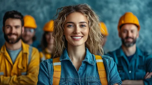 Workers in protective clothing against the backdrop of a construction site
