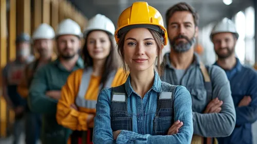 Grupo de constructores con cascos en una obra, con una mujer en el centro.
