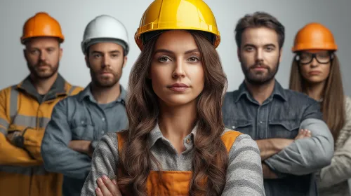 Cinco trabajadores de la construcción con cascos de diferentes colores de pie uno detrás del otro