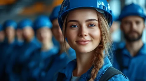 Молодая женщина и коллеги в синей рабочей форме на строительной площадке