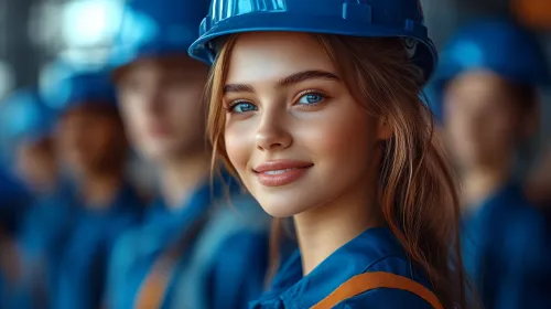 Молодая женщина в защитном шлеме и рабочей одежде на фоне коллег