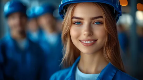 Girl with blue eyes and a hard hat posing against a backdrop of people in uniforms
