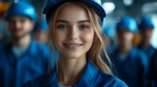Молодая женщина в синей униформе и защитной каске на фоне работников