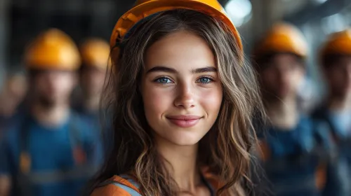 Retrato de una joven con casco protector en una obra de construcción