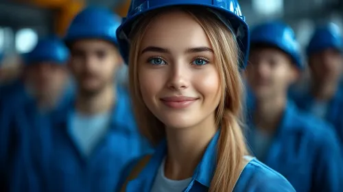 Молодая женщина с улыбкой в каске на фоне сотрудников в униформе