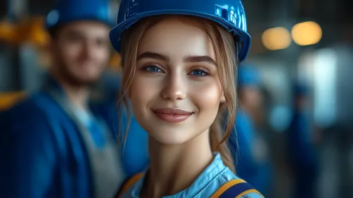 Женщина в каске позирует на фоне рабочих в синей униформе