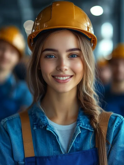 Улыбчивая девушка в защитном шлеме на фоне рабочего процесса
