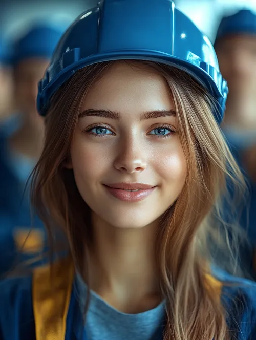 Молодая женщина в защитном шлеме на фоне рабочих