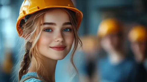 Молодая женщина в строительном шлеме на фоне других рабочих