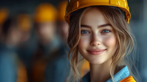 Девушка с красивой улыбкой и строительной каской на фоне стройки