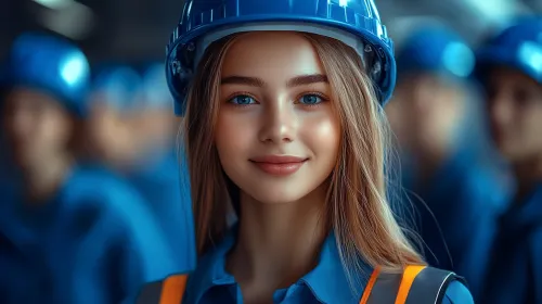 Улыбающаяся девушка в каске и спецодежде на фоне строителей