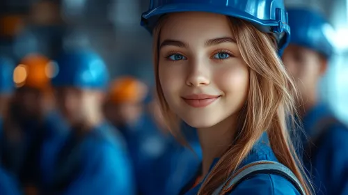 Смирная молодая девушка в синем рабочем комбинезоне и каске