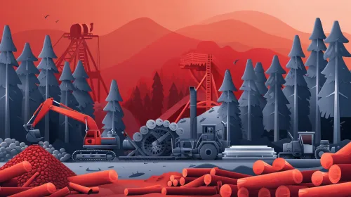 Logging scene with machinery and forest in the background