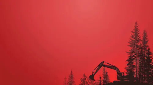 Excavator silhouetted against a bright red sky and trees