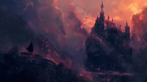 Dark castle on a mountain peak with a bright sunset in the background.