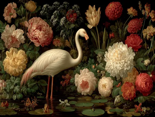 Image of a flamingo against a backdrop of bright flowers and foliage