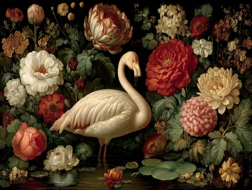 Flamingo against a backdrop of lush floral bushes with a variety of colors