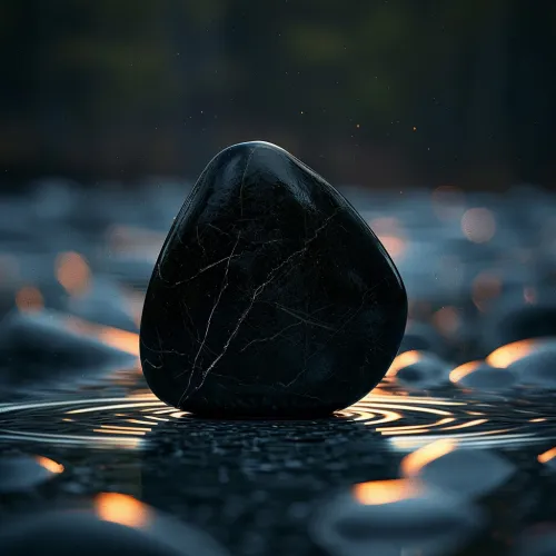 Black stone on the water surface with reflection and light glare