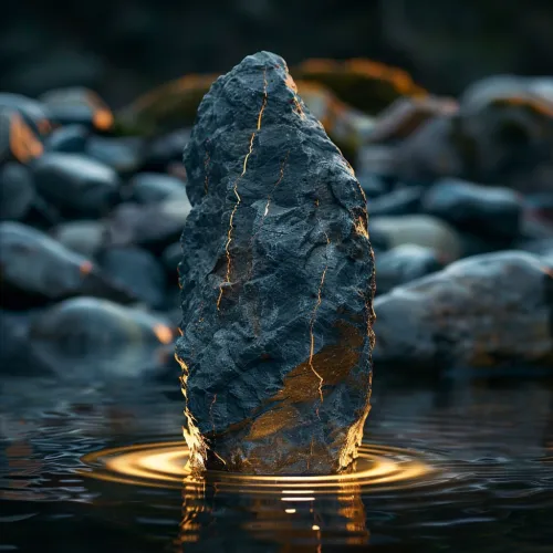Large stone standing vertically in calm water with pleasant lighting