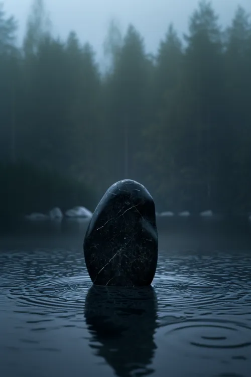 Dark stone on the lake surface in a misty forest setting