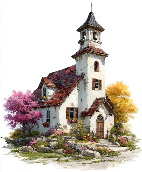 Iglesia de cuento rodeada de colores brillantes y vegetación