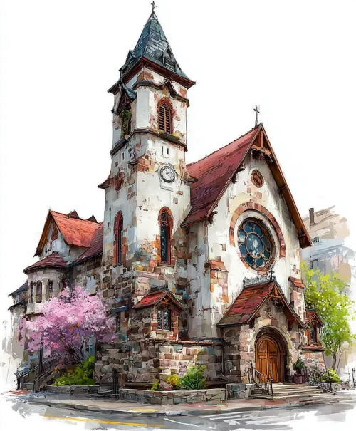 Conjunto arquitectónico de una iglesia antigua rodeada de vegetación y árboles en flor