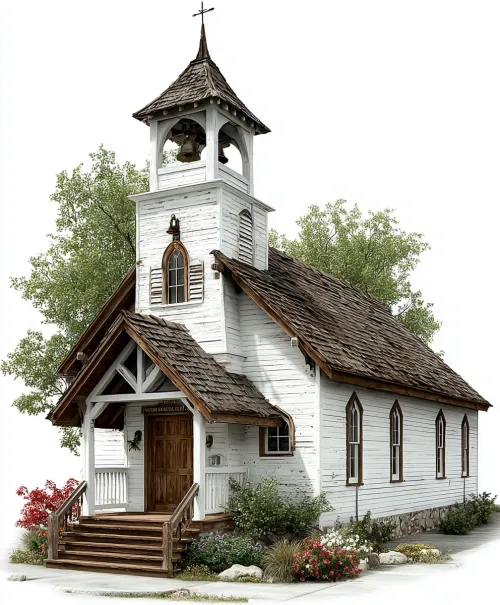 Architectural example of a church with white walls and a tiled roof