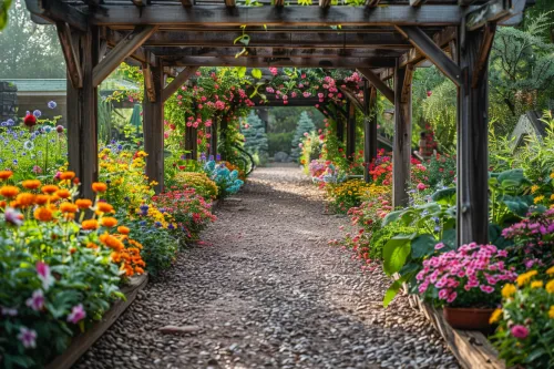 Bright garden with flowers and wooden walkways