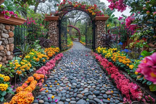 Paisaje de un jardín en flor con un arco y piedras en el camino