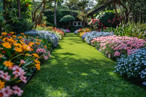 Beautiful Colorful Garden with Bright Flowers and Green Grass