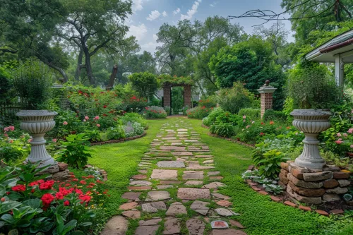 Perspective of a pathway surrounded by flowers and greenery in a garden
