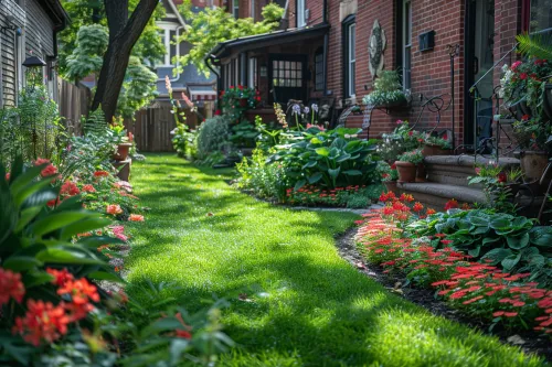 Garden with green grass and bright flowers against the background of houses