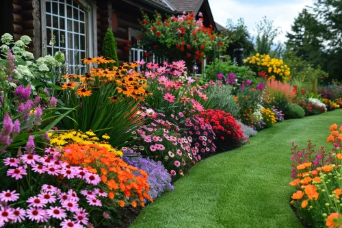 Floral garden with a variety of bright plants and a well-maintained lawn