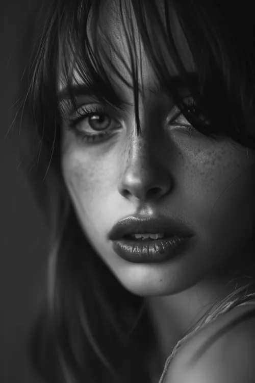Close-up of a girl's face with distinctive features and skin texture