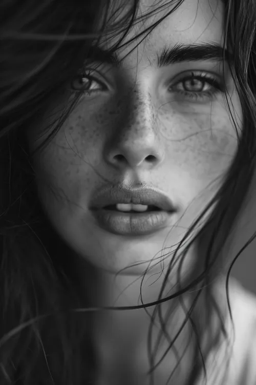 Primer plano de una joven con pecas en la cara y cabello largo