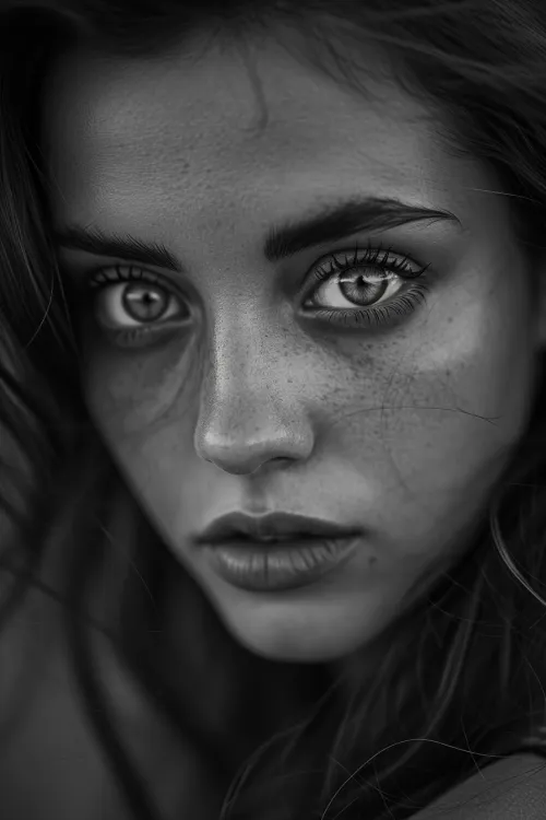 Close-up of a girl's face with bright eyes and freckles